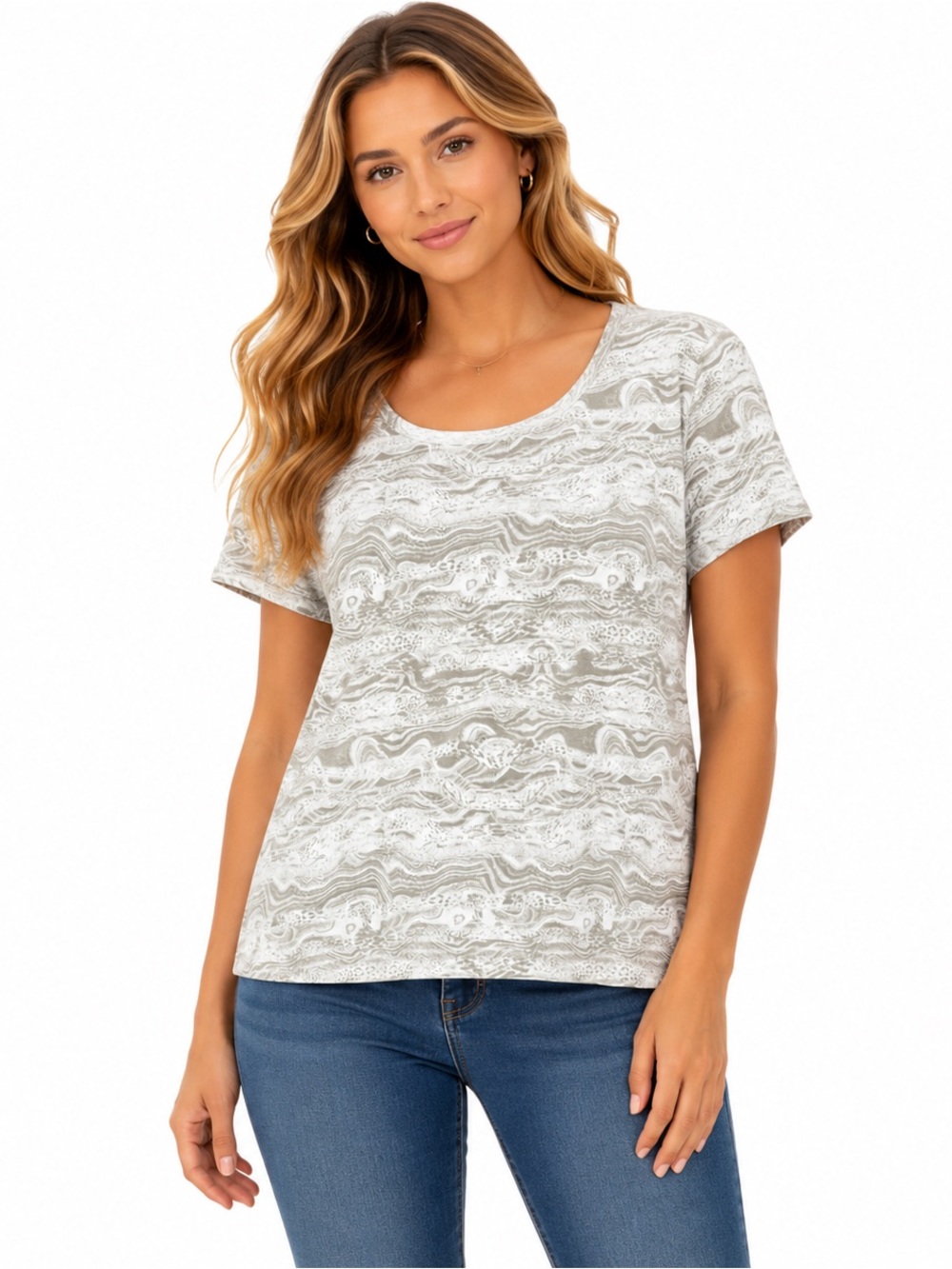 Bay Studio Womens Top Medium Brown Striped Short Sleeve Round Neck Knit
